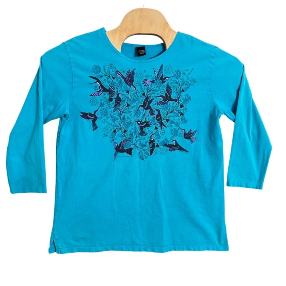 Sabaku Artwear Hummingbird Graphic Top Blue 3/4 Sleeve Cotton Medium USA Made